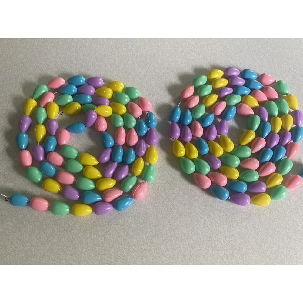 2 EASTER EGG GARLANDs True Vintage Blow Mold Plastic 7+ft Strands Bright Pastel